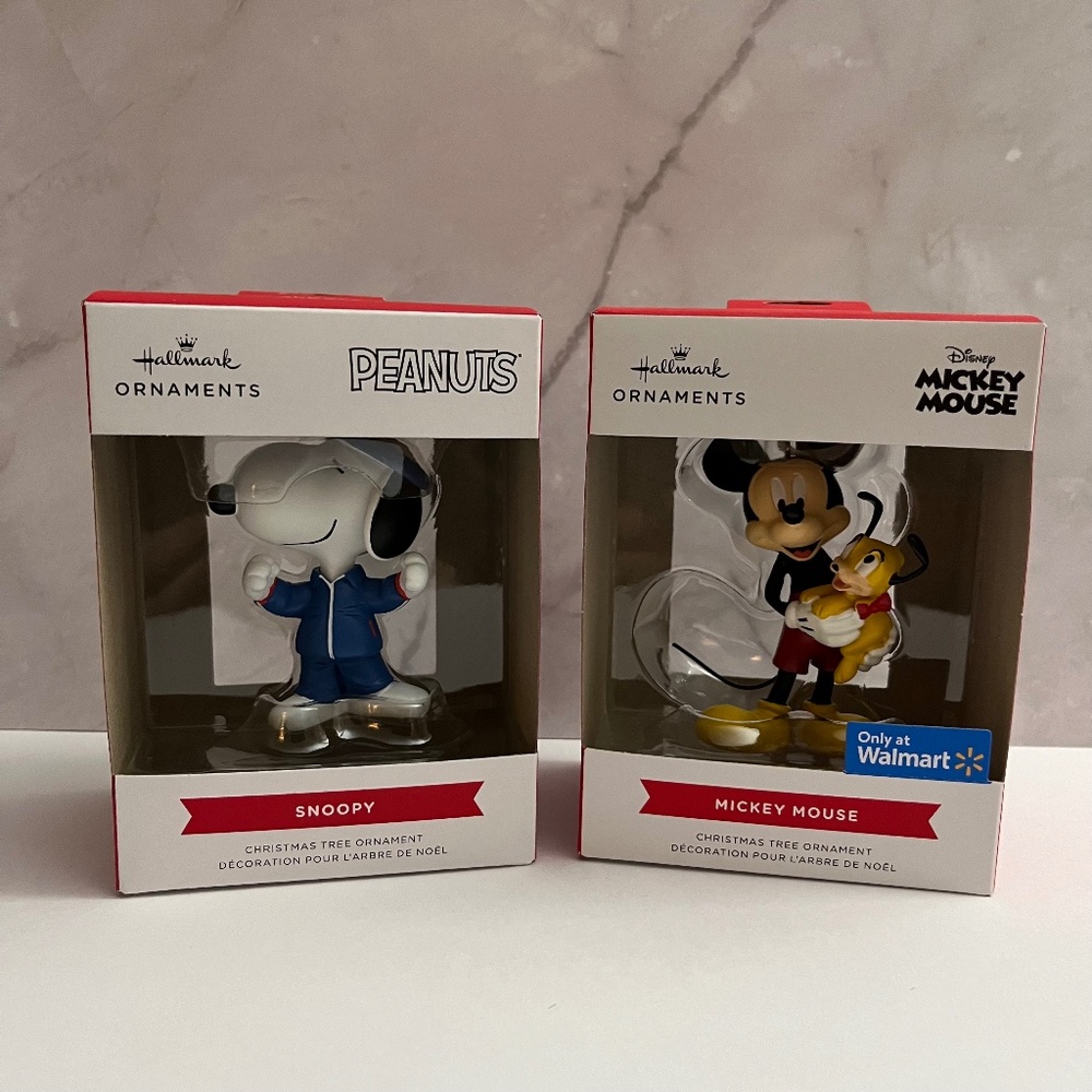 NIB Hallmark Peanuts Snoopy and Disney Mickey & Pluto Christmas Ornament Lot